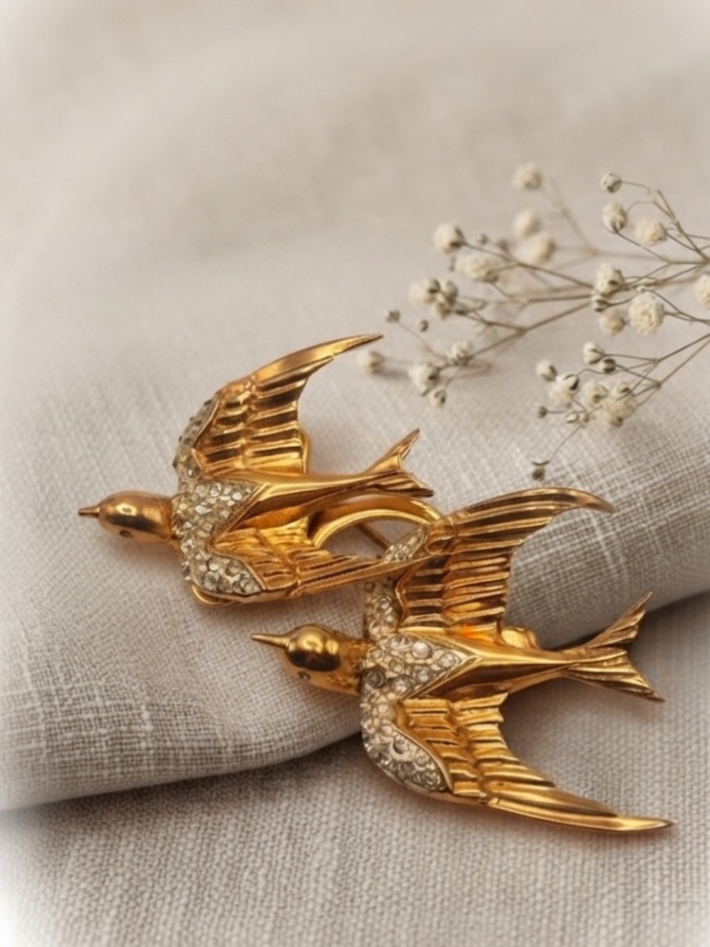 RARE VINTAGE 1940s Coro Craft STERLING Duette Heavenly Swallows Pin/Fur Clips